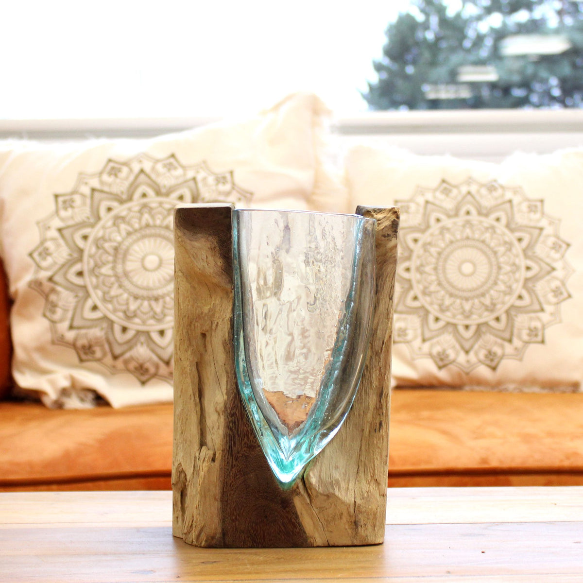 Molten Glass V-Shaped Art Vase on Wood – view 6