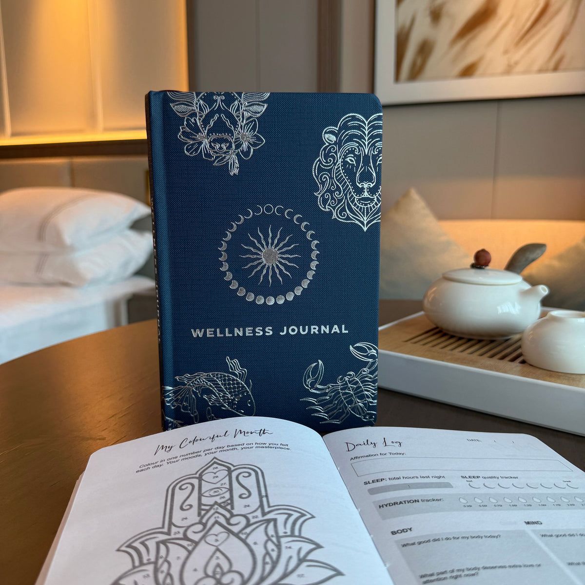 Midnight Blue Wellness Journal, Silver Zodiac, 120 Pages