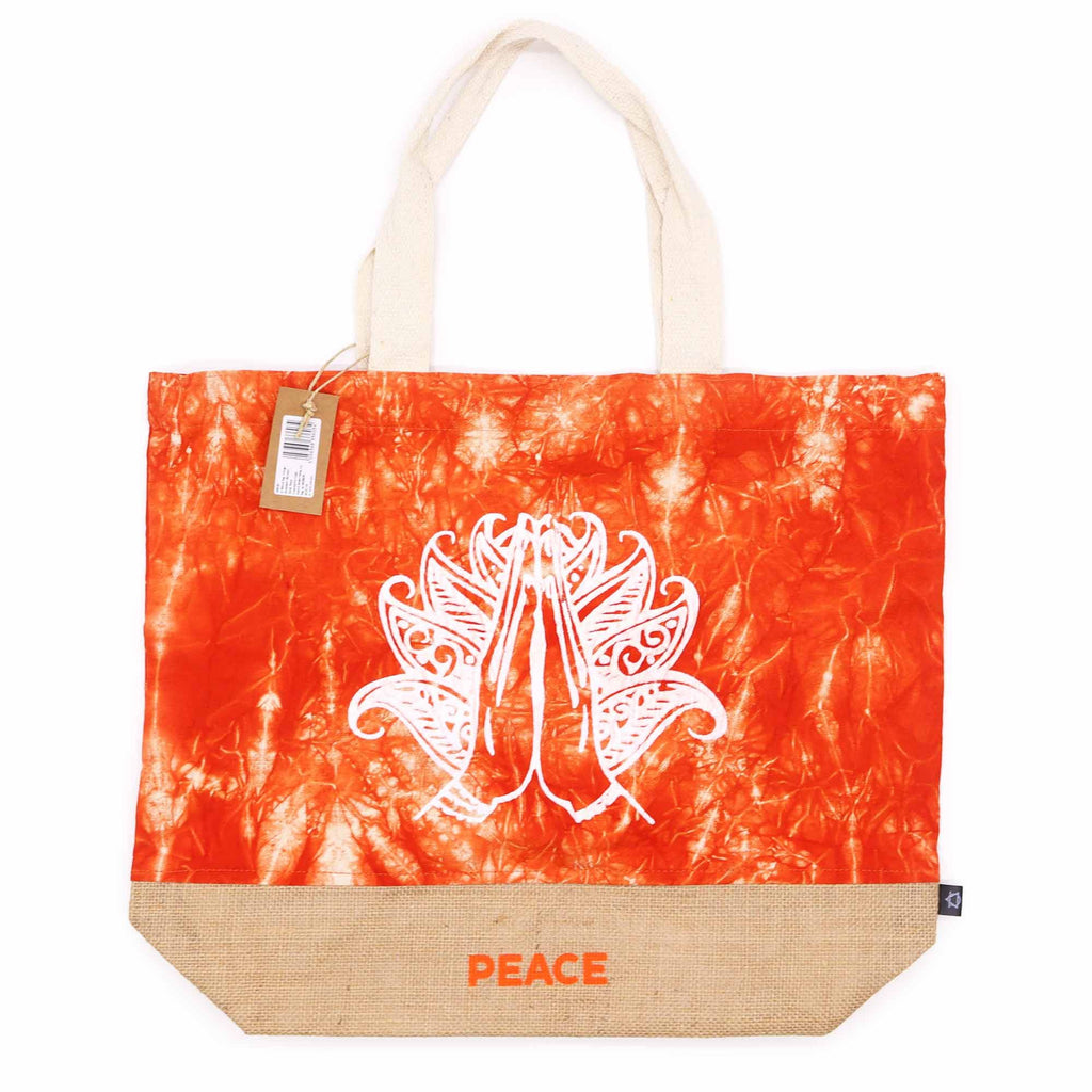 Jute and Cotton Tote Bag - Orange Stonewash Namaste Peace