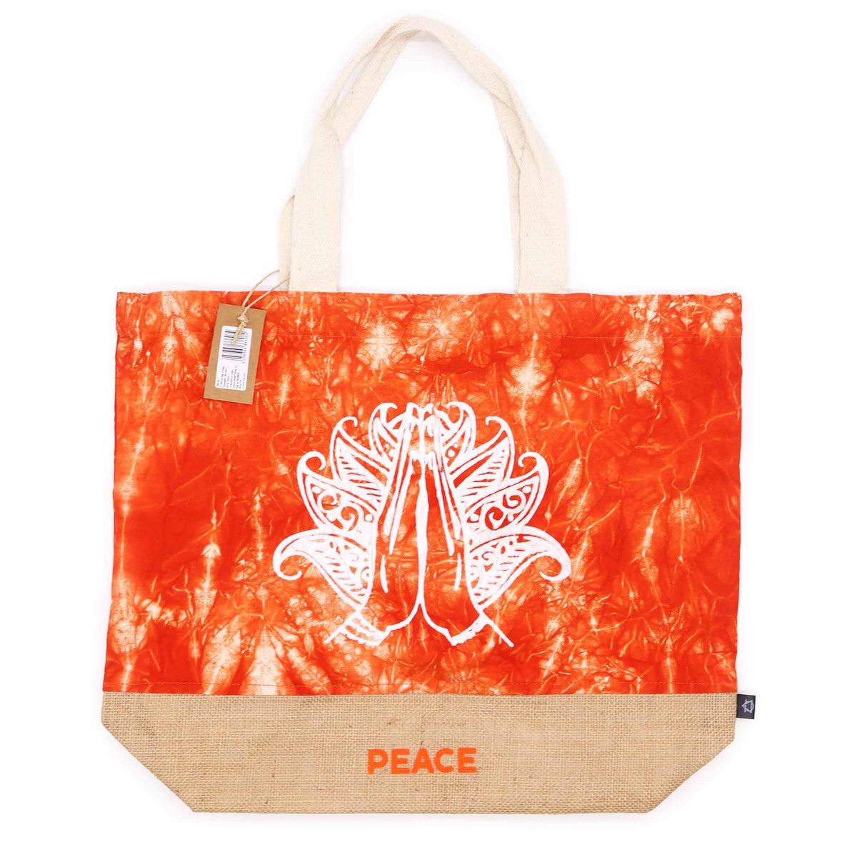 Jute and Cotton Tote Bag - Orange Stonewash Namaste Peace