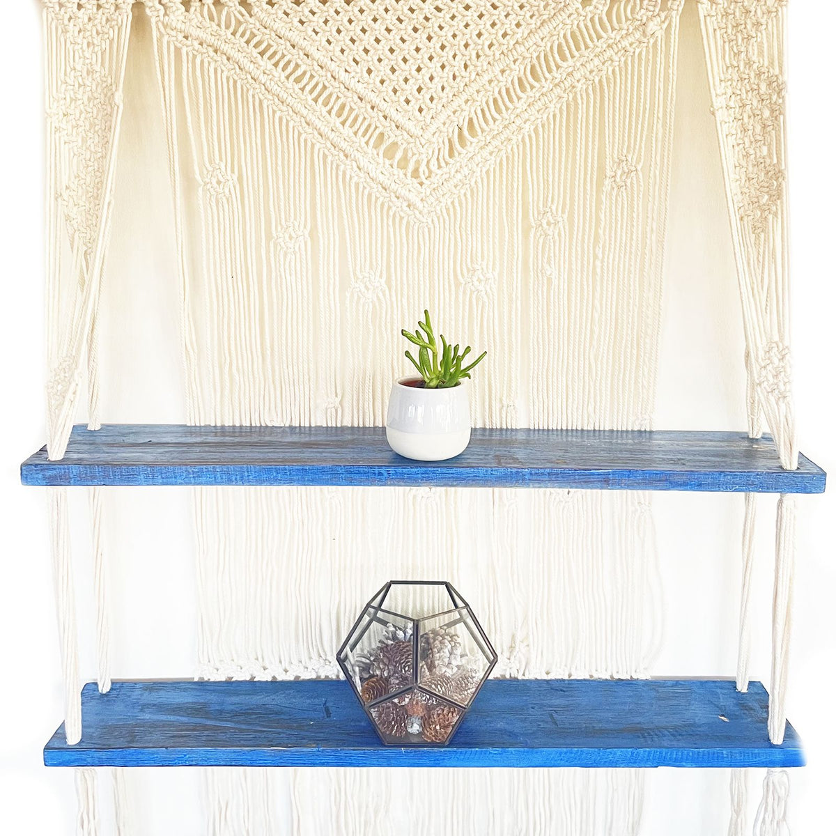 Macrame Hanging Shelf - Natural Wood, Blue Rope, 150 cm – view 5