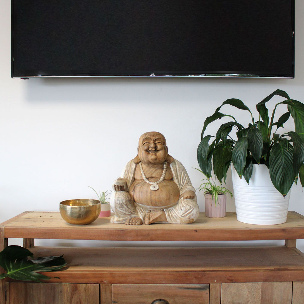 Hand Carved Happy Buddha Statue, Whitewash, 40cm – view 3