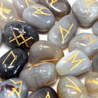Grey Agate Rune Set in Cotton Pouch