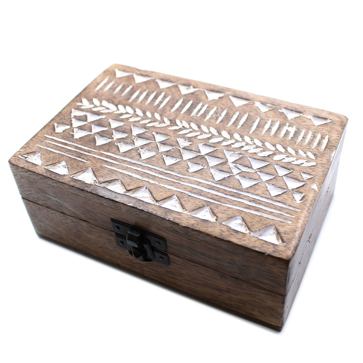 White Wash Mango Wood Box, Aztec Design, 15x10cm