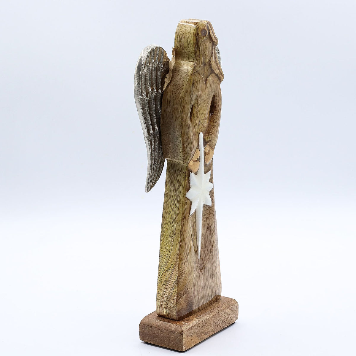 Large Mango Wood Peace Angel, Metal Wings, 30cm