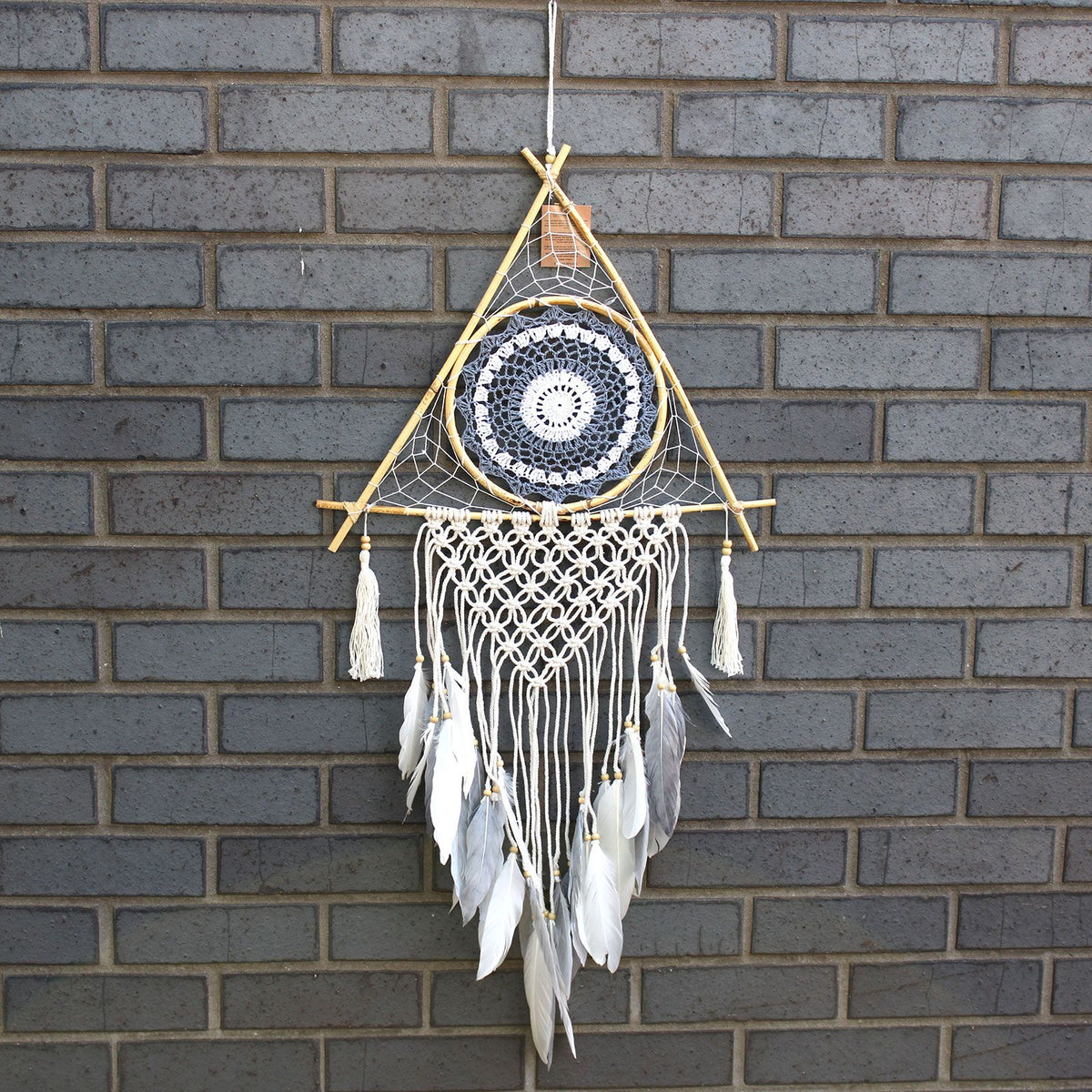 Large Macrame Pyramid Dream Catcher - White & Grey – view 3
