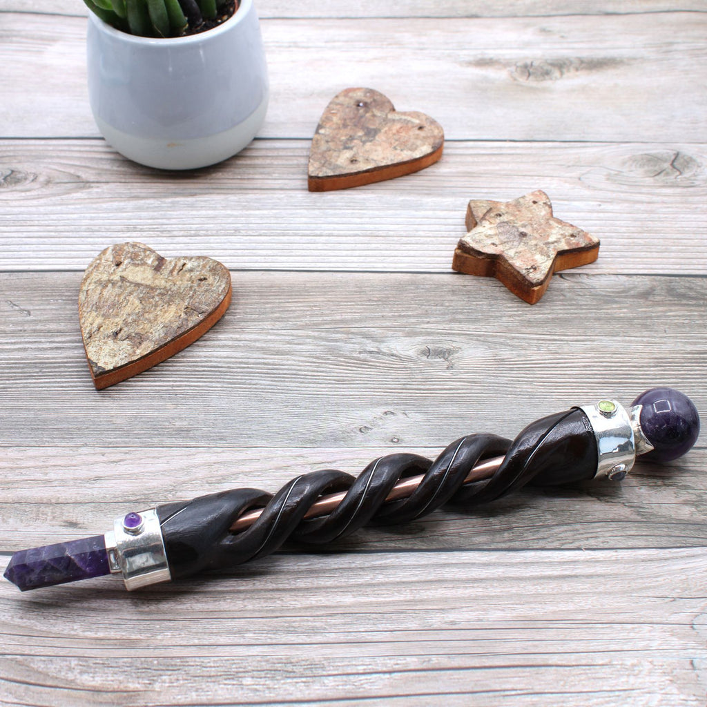 Spiral Carved Healing Wand with Copper Pipe and Amethyst