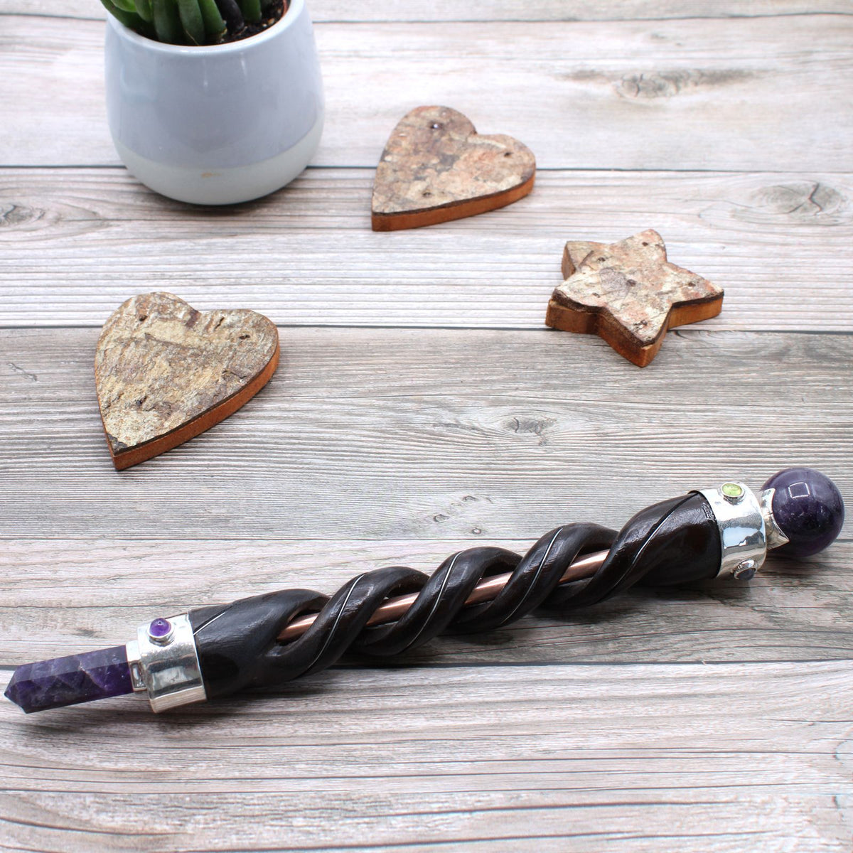Spiral Carved Healing Wand with Copper Pipe and Amethyst