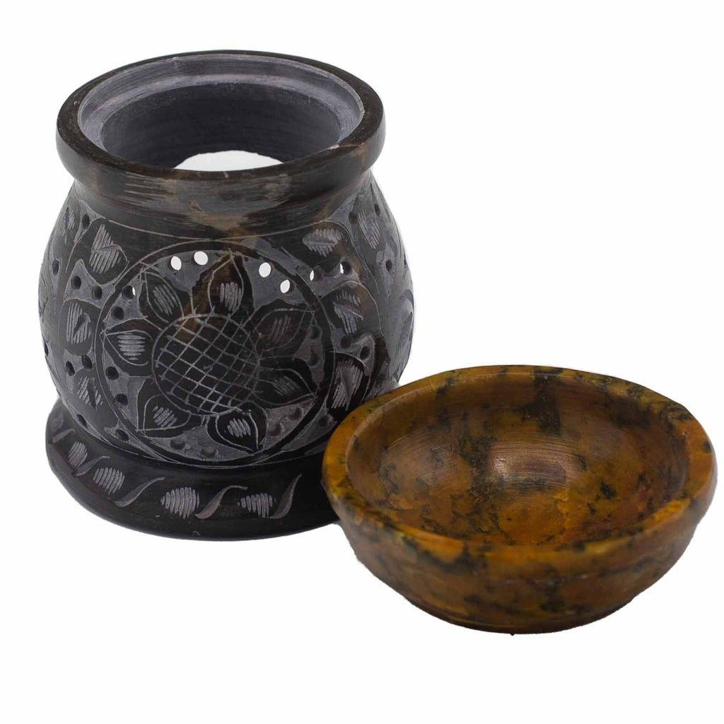 Soapstone Oil Burner 10cm - Mandala Flower Black & Yellow – view 4
