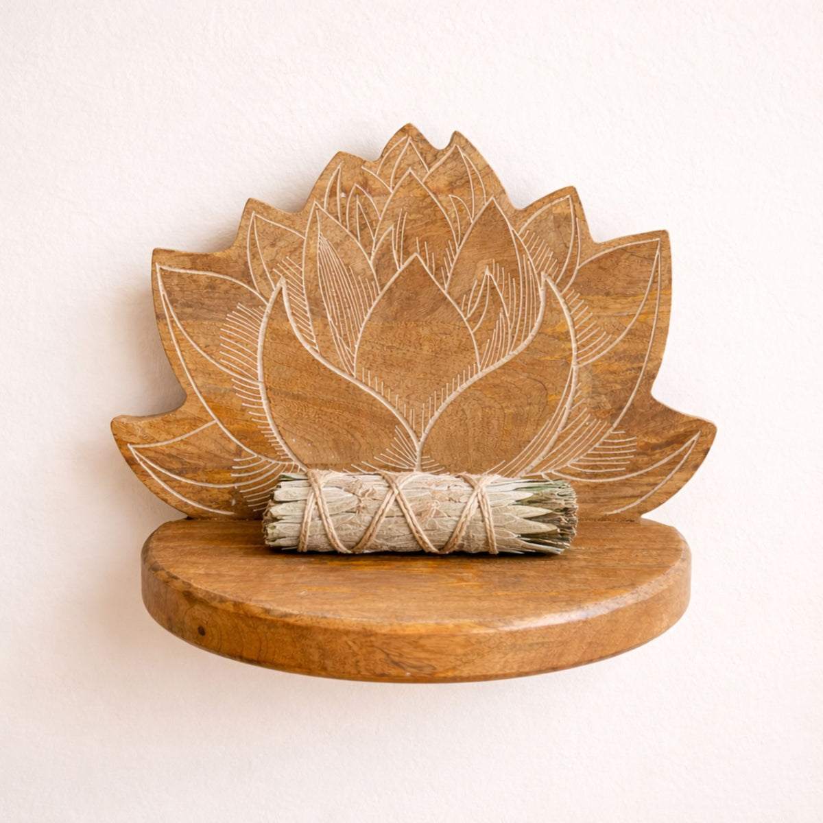 Mango Wood Lotus Wall Shelf, White Wash Finish