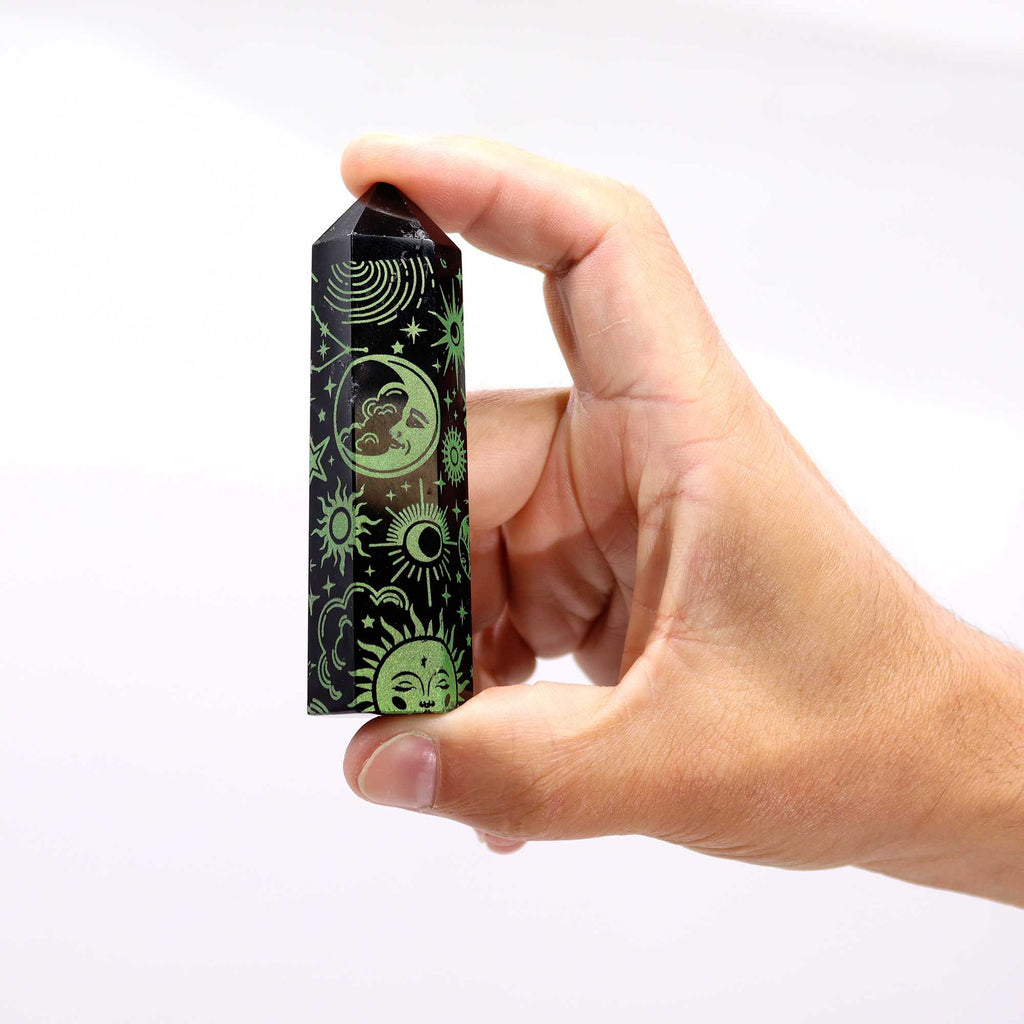 Engraved Black Obsidian Point - Forest Green Celestial Symbols