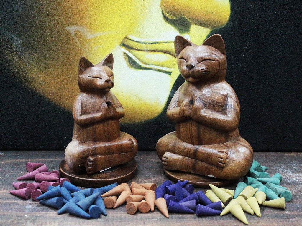 Carved Wooden Incense Burner - Medium Yoga Cat – view 5
