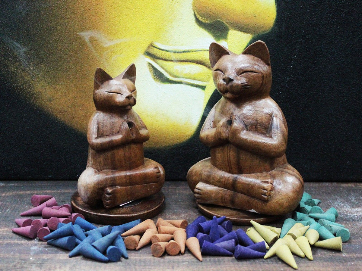 Carved Wooden Incense Burner - Medium Yoga Cat – view 5