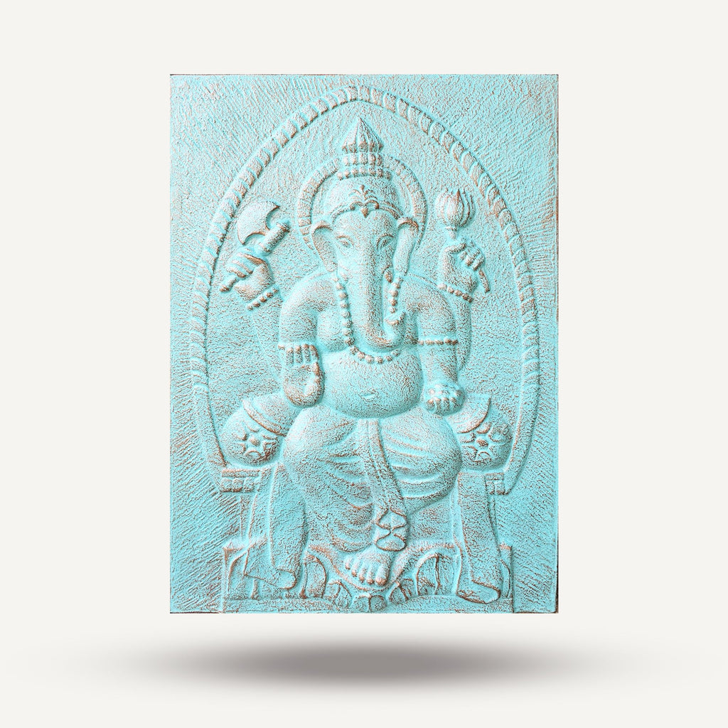 Ganpati Turquoise Relief with Iron Frame - 0.7 x 1 m
