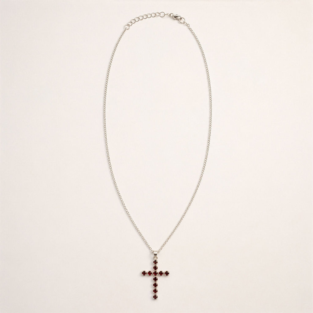 Garnet Crucifix Pendant Necklace on Silver Plated Chain 45cm – view 2