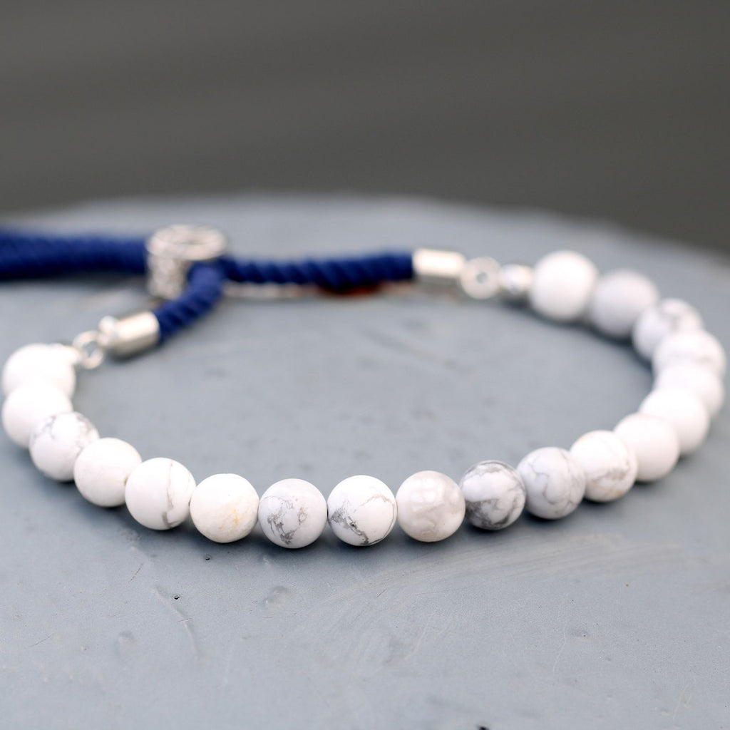 White Howlite Gemstone Bead Bracelet on Navy Cord – view 2