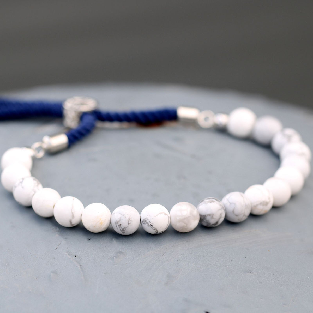 White Howlite Gemstone Bead Bracelet on Navy Cord – view 2