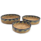 Straw & Seagrass Tray Baskets, Green and Blue, Set of 3