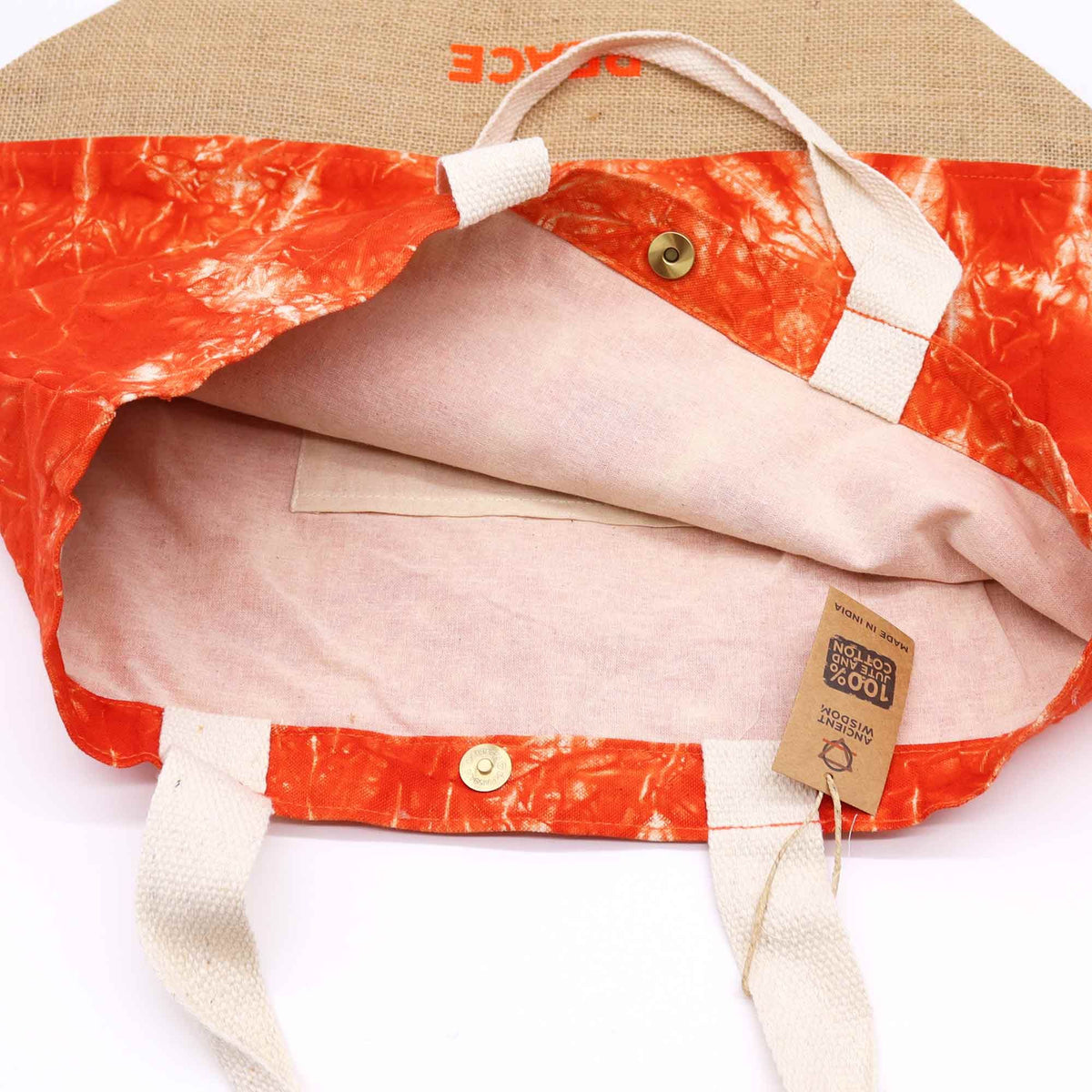 Jute and Cotton Tote Bag - Orange Stonewash Namaste Peace – view 3