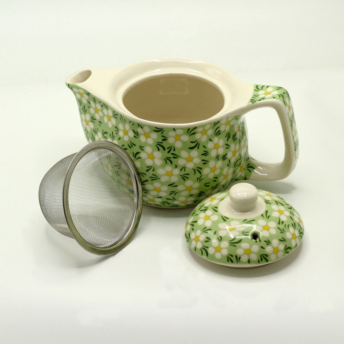 Small Herbal Teapot with Strainer - Green Daisy