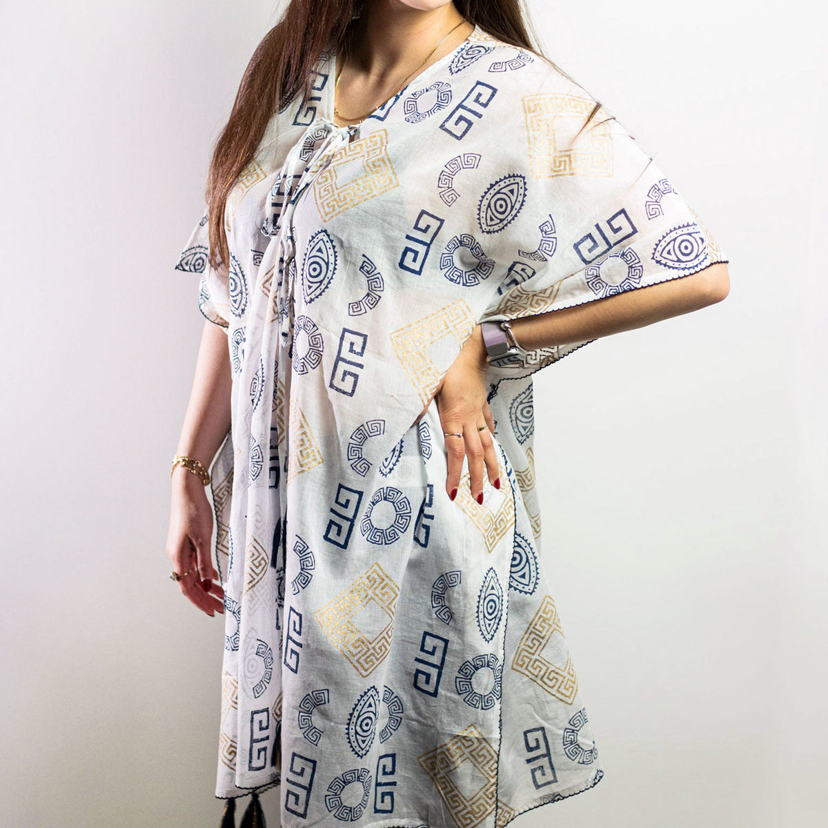 Nomad Sari Kaftan with Gold & Blue Greek Motif – view 2