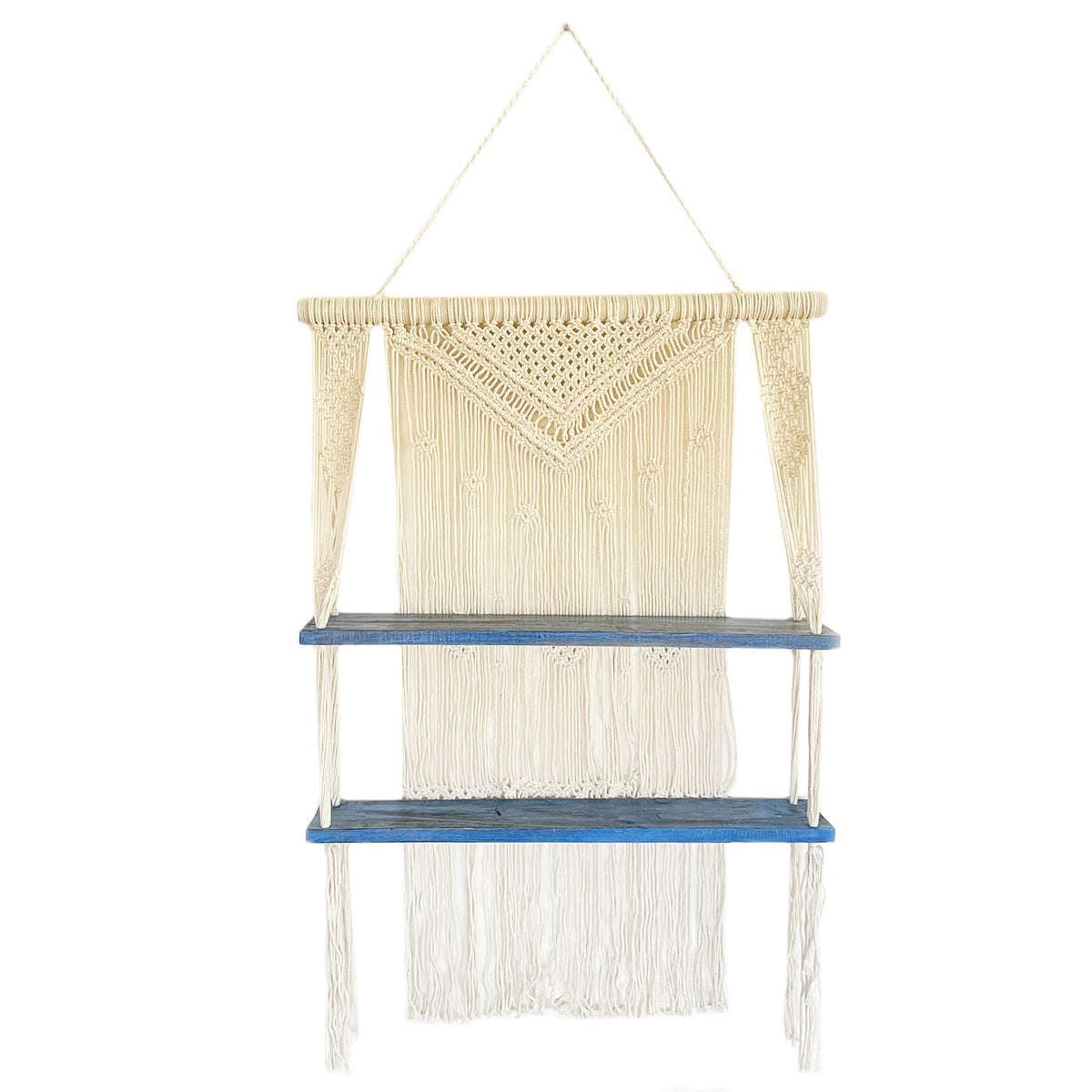 Macrame Hanging Shelf - Natural Wood, Blue Rope, 150 cm – view 4