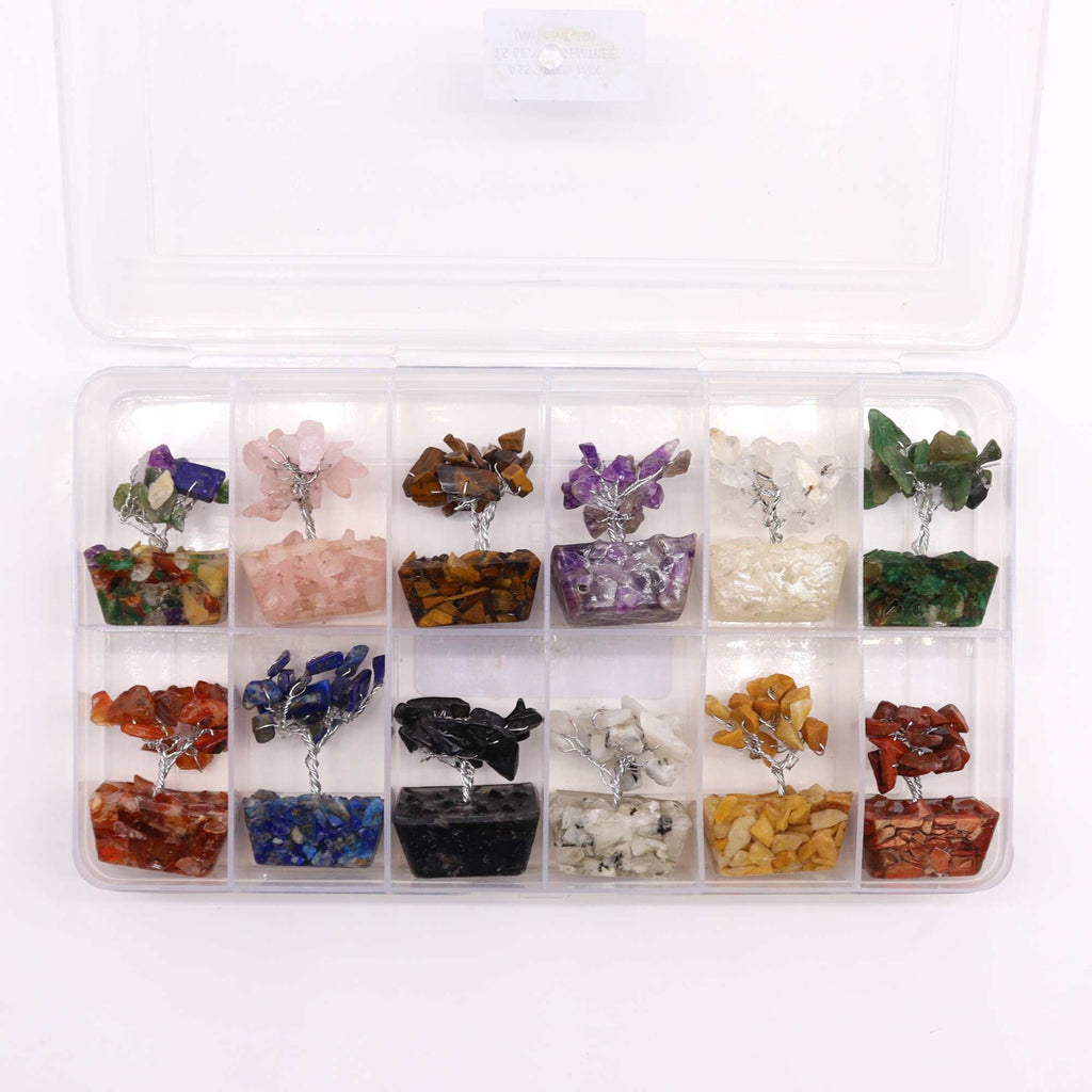 Box of 12 Mini Gemstone Trees on Orgonite Base, Mixed Stones – view 2