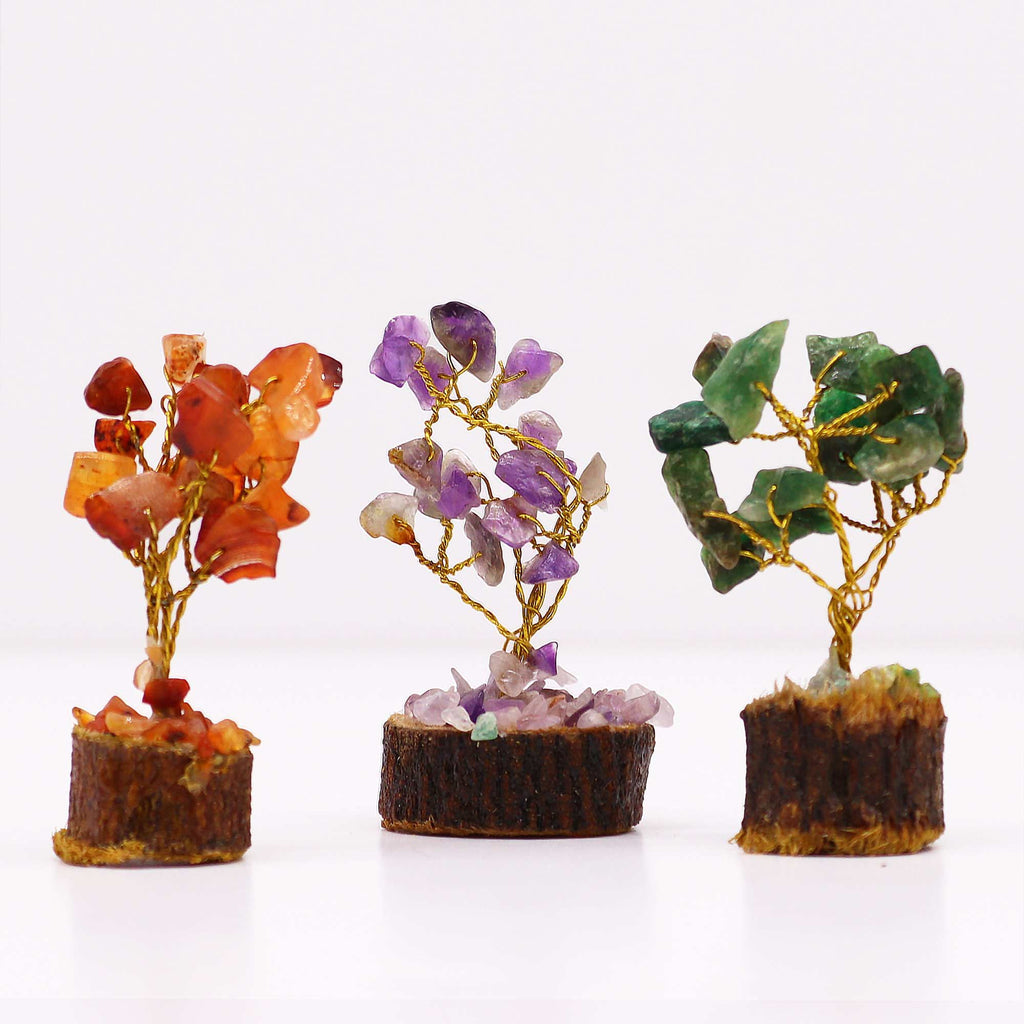 Box of 12 Mini Gemstone Trees on Wooden Base, Mixed Stones