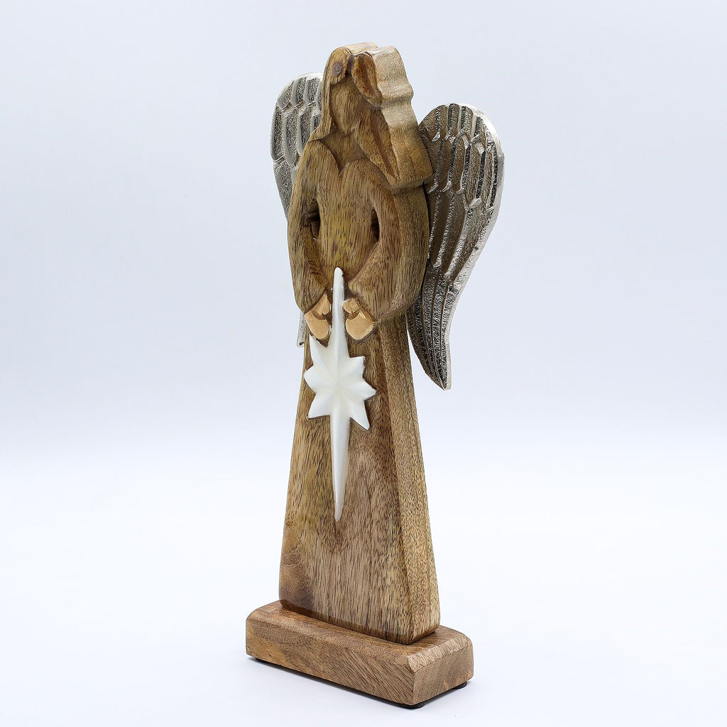 Large Mango Wood Peace Angel, Metal Wings, 30cm – view 3