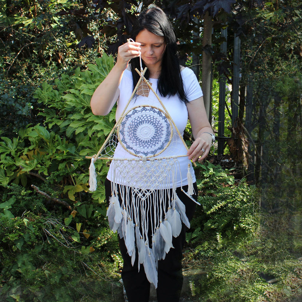 Large Macrame Pyramid Dream Catcher - White & Grey