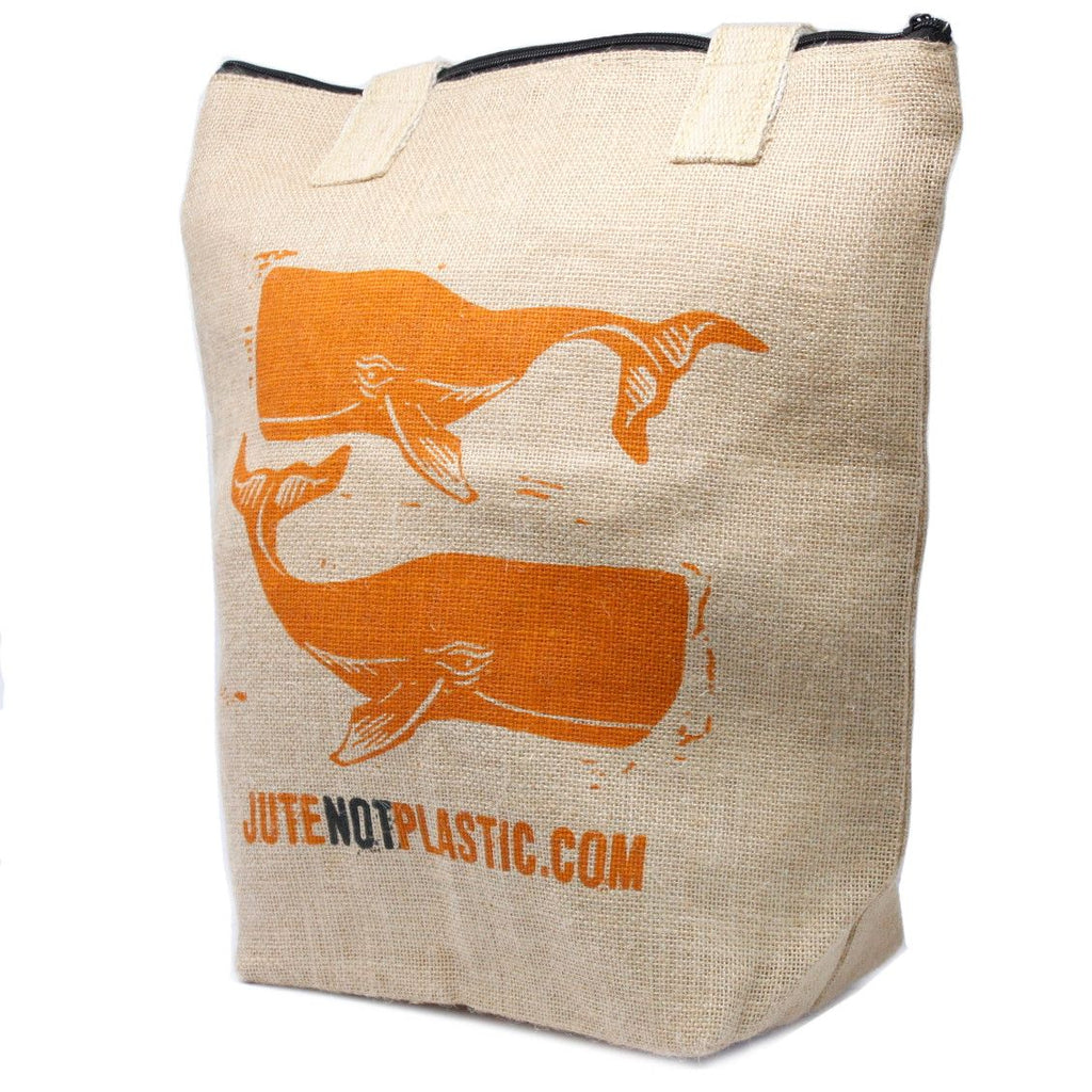 Two Whales Print Jute Shopping Bag