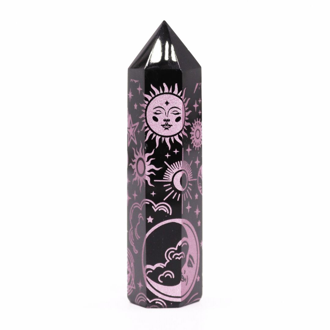 Engraved Black Obsidian Point - Rose Pink Celestial Symbols – view 8