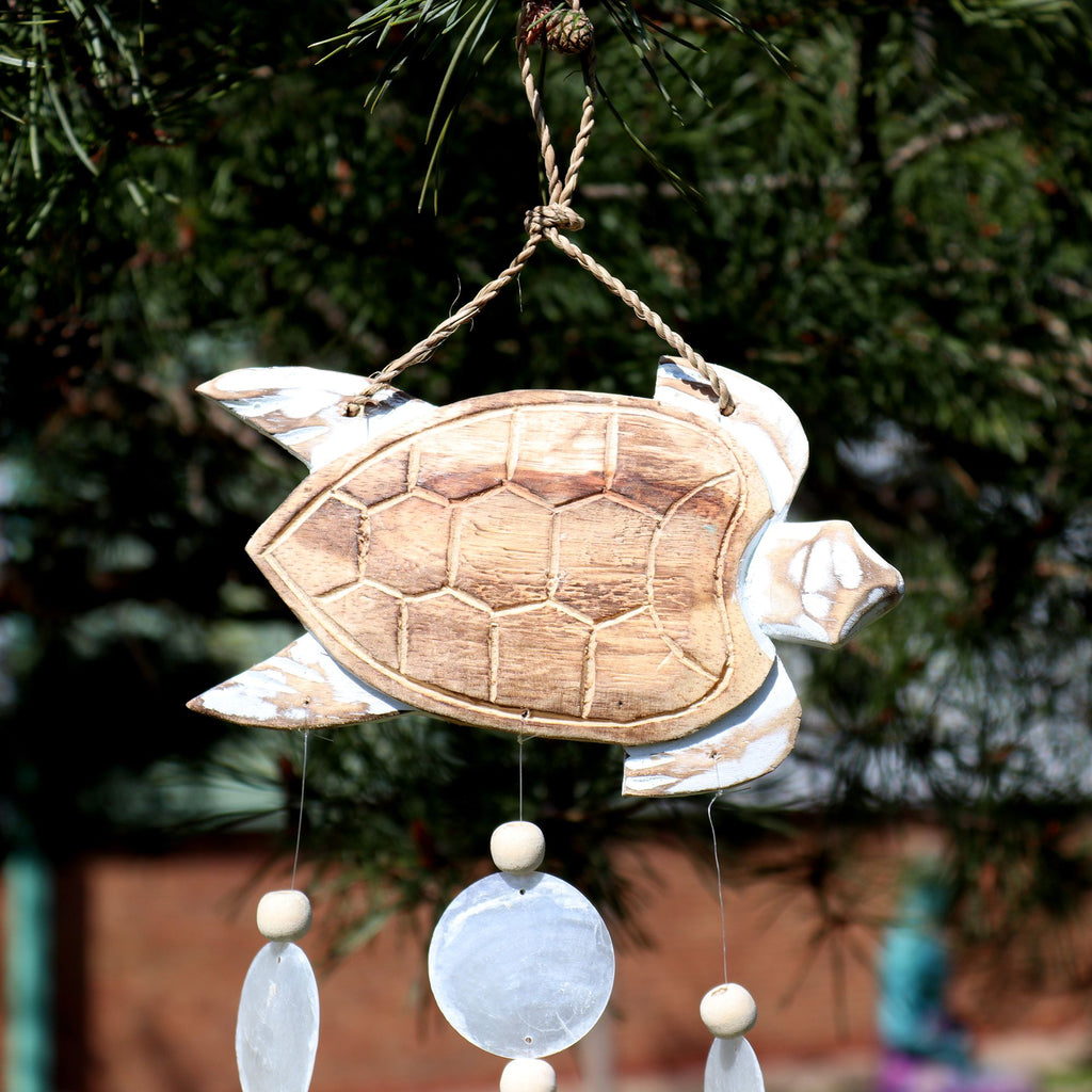Whitewash Turtle Carving & Natural Capiz Wind Chime – view 3