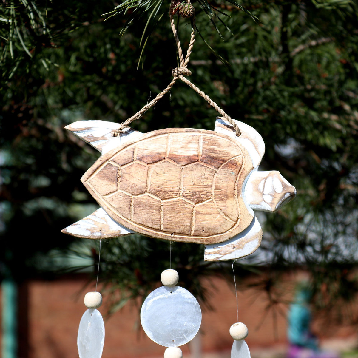 Whitewash Turtle Carving & Natural Capiz Wind Chime – view 3