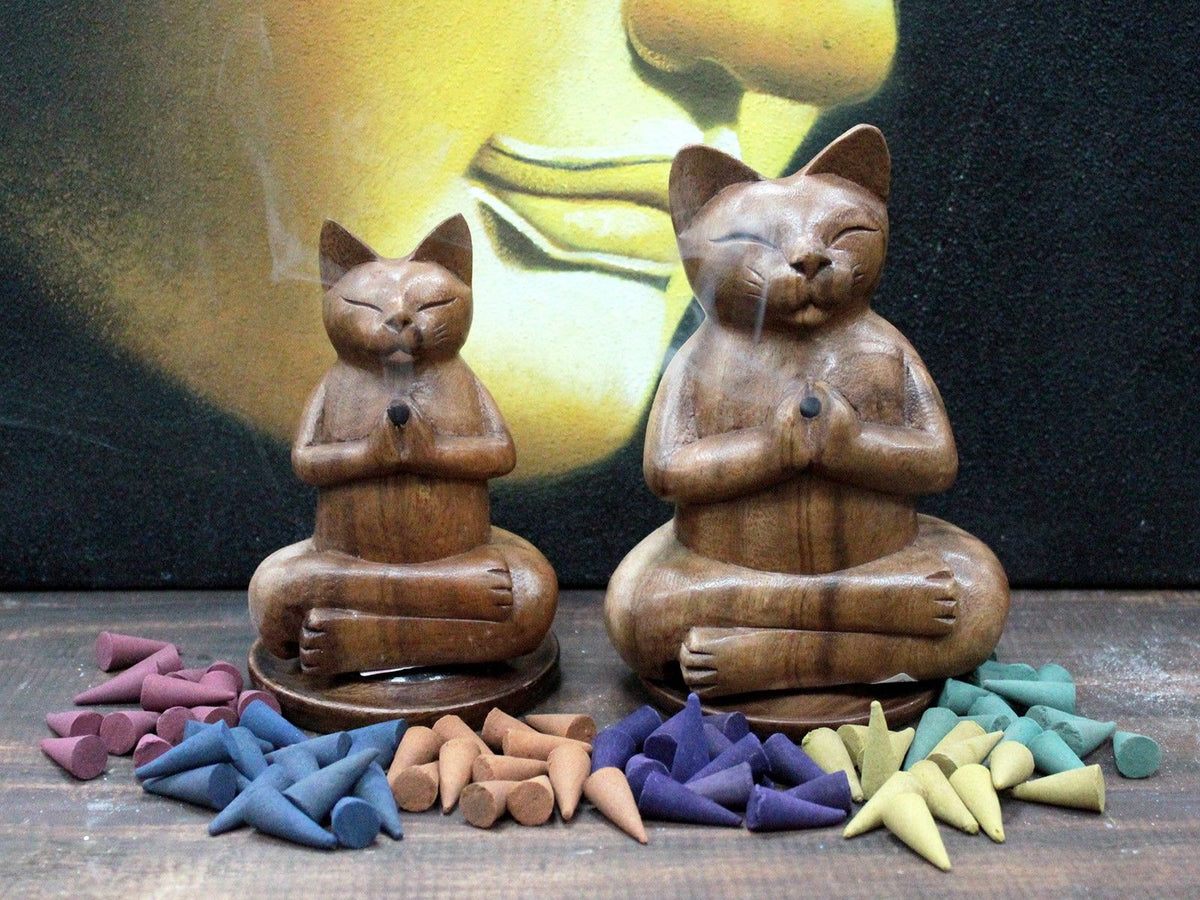 Carved Wooden Incense Burner - Medium Yoga Cat – view 4