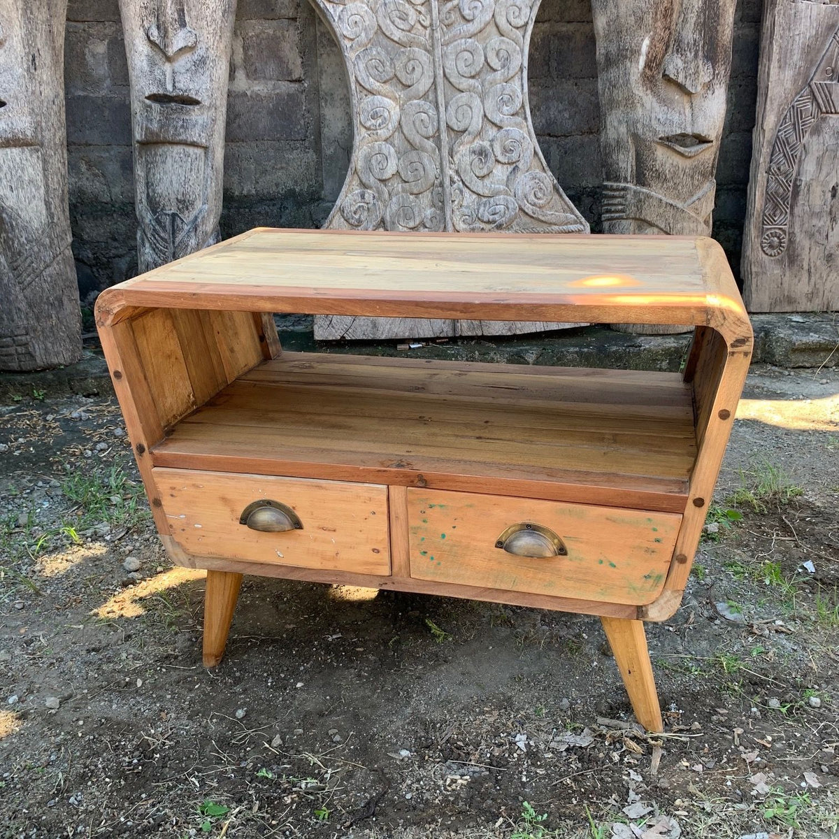 Small Round TV Stand with 2 Drawers, Recycled Teak – view 2