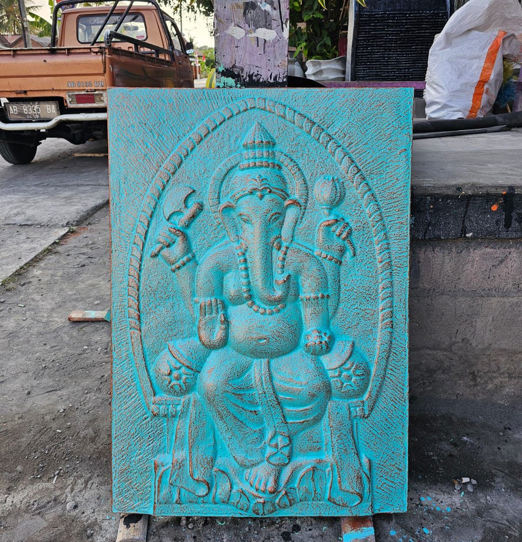 Ganpati Turquoise Relief with Iron Frame - 0.7 x 1 m – view 2