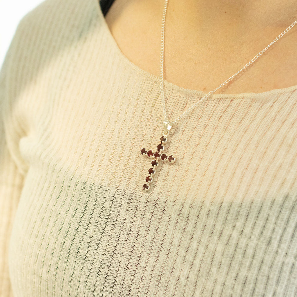 Garnet Crucifix Pendant Necklace on Silver Plated Chain 45cm – view 5