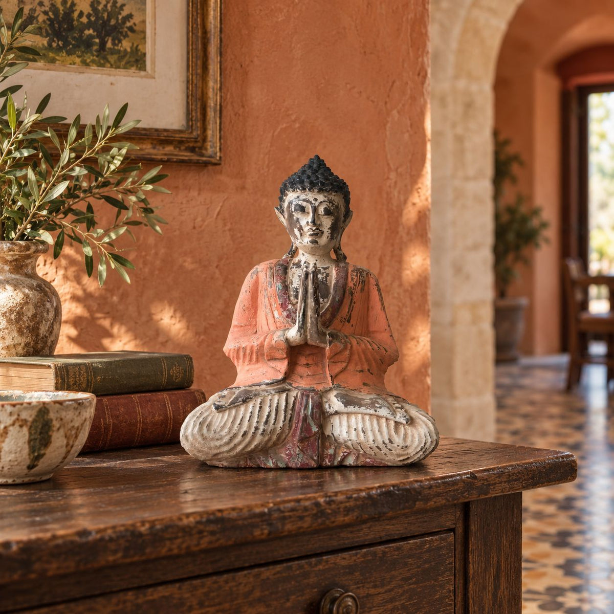 Vintage Hand Carved Buddha Statue, 30 cm, Orange Welcome