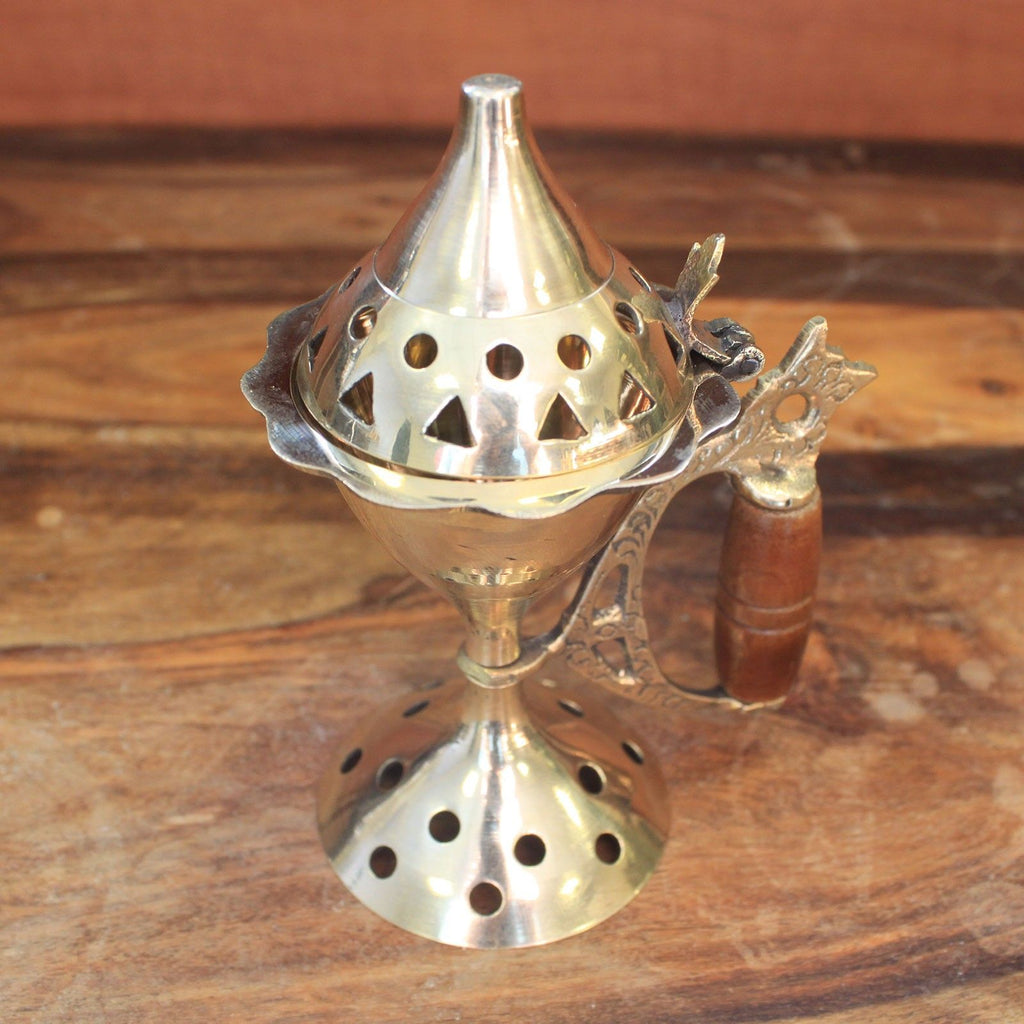 Brass Cone Incense Burner with Carved Handle – view 2