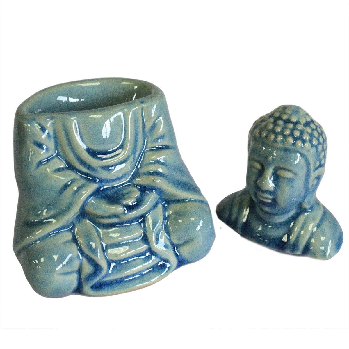 Sitting Buddha Ceramic Oil Burner - Blue