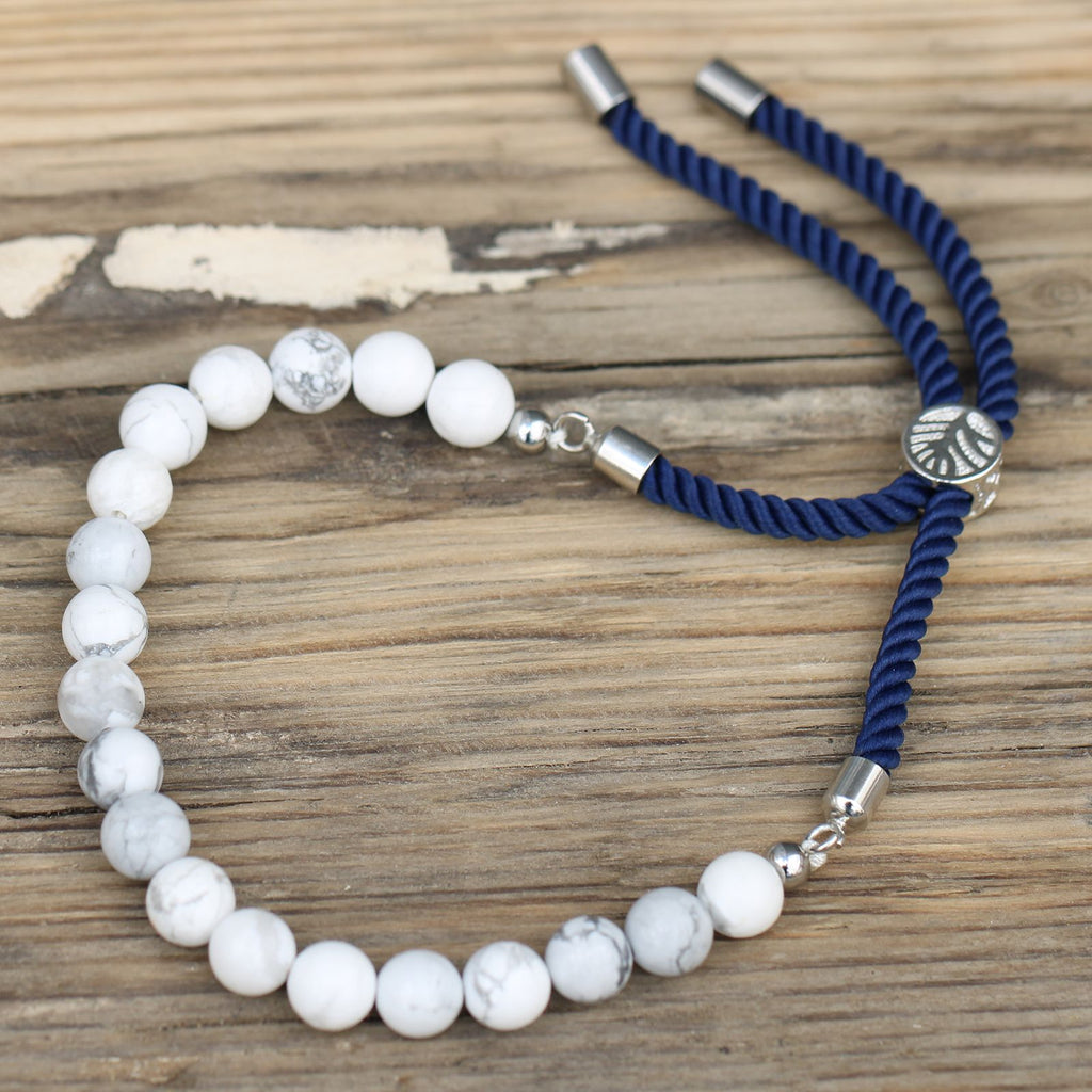 White Howlite Gemstone Bead Bracelet on Navy Cord – view 5