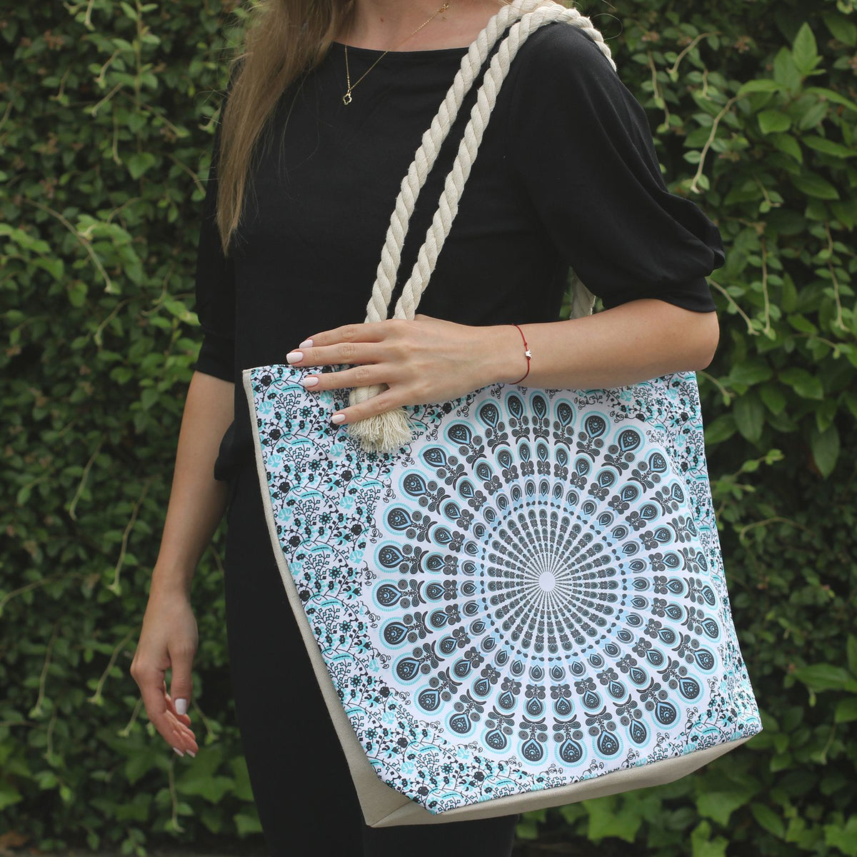 Rope Handle Mandala Beach Bag in Sky Blue – view 2