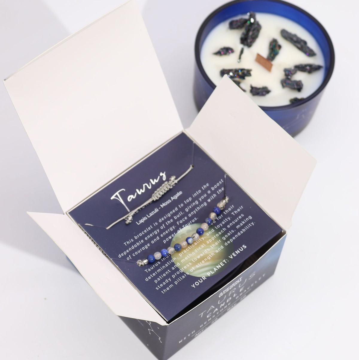 Taurus Zodiac Crystal Candle with Gemstone Bracelet – view 3