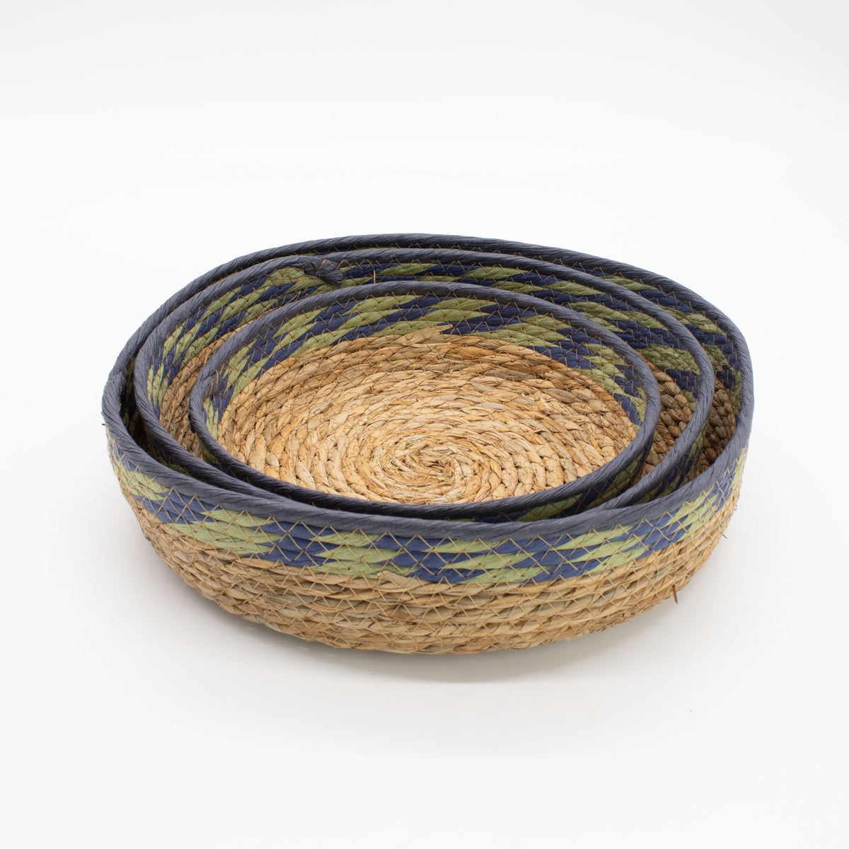 Straw & Seagrass Tray Baskets, Green and Blue, Set of 3 – view 2