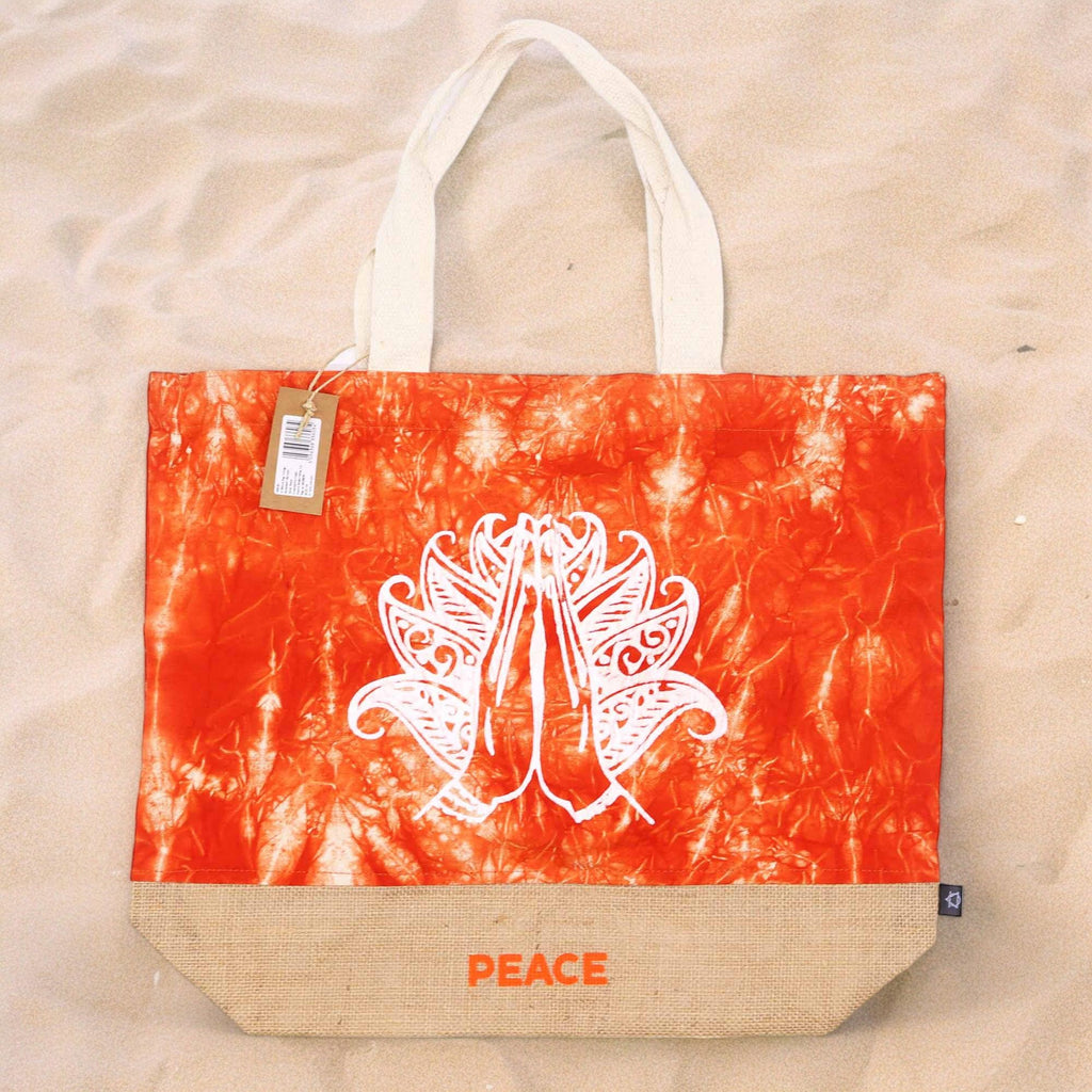Jute and Cotton Tote Bag - Orange Stonewash Namaste Peace – view 2