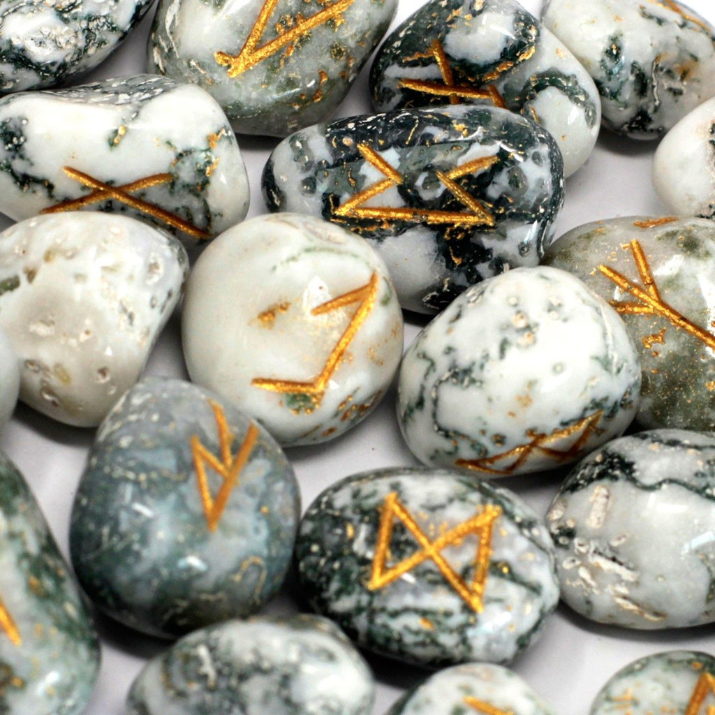 Tree Agate Rune Stone Set in Cotton Pouch