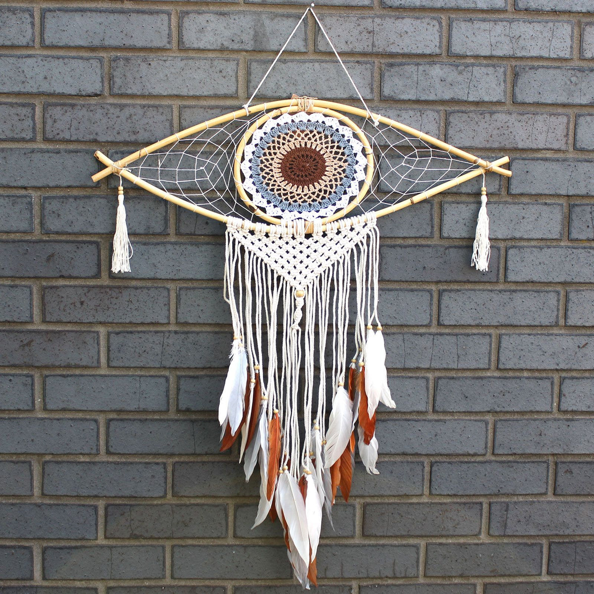 Large Macrame Eye Dream Catcher - White, Grey & Brown – view 5