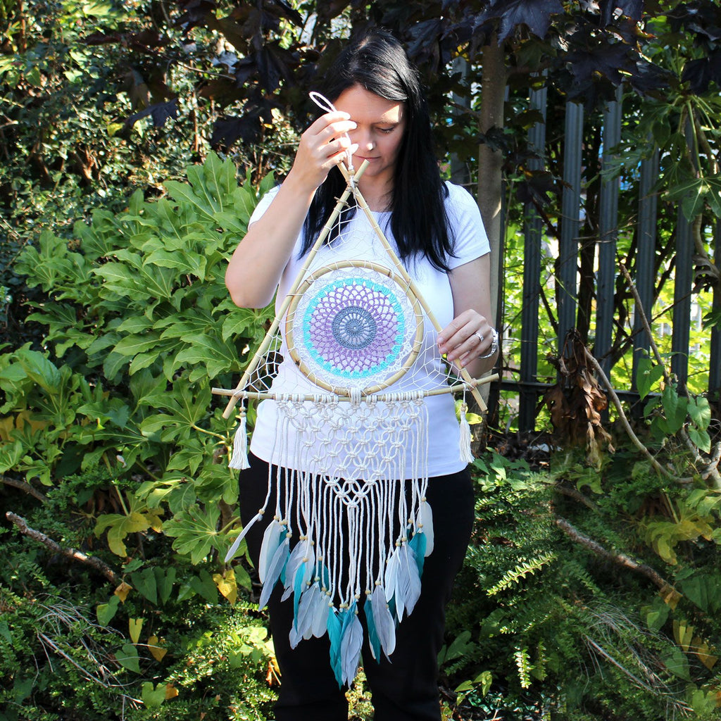 Large Macrame Pyramid Dream Catcher - White & Turquoise – view 2