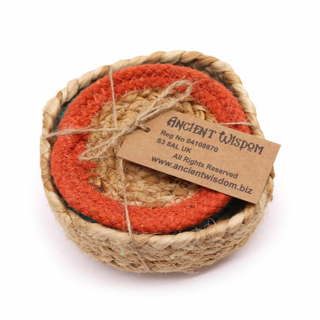 Jute & Cotton Coasters, Mixed Colours, Set of 6